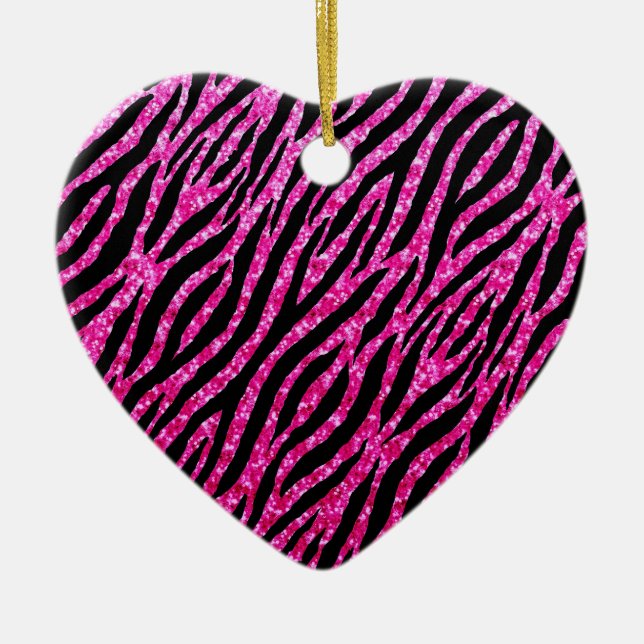Trendy Hot Pink Zebra Print Glitz Glitter Sparkles Ceramic Tree Decoration (Front)