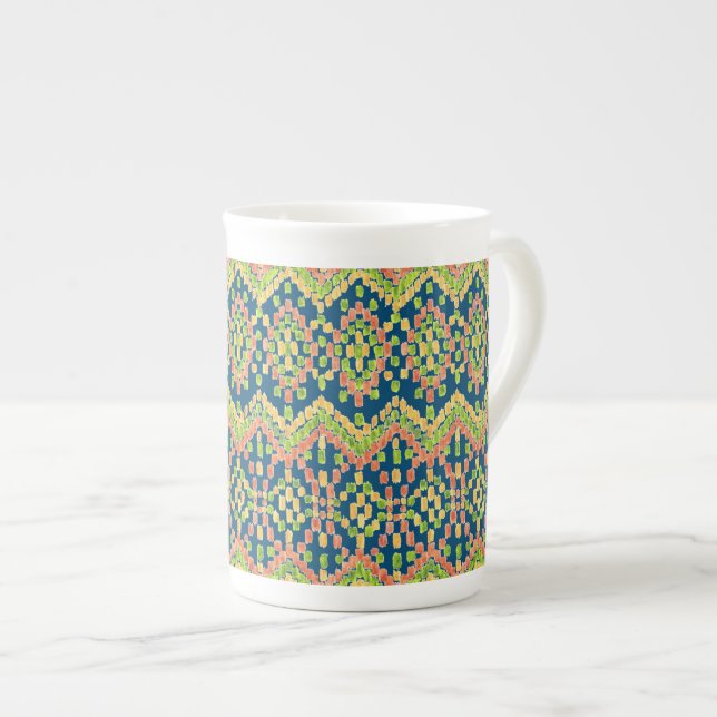 Trendy Ikat Colourful Ethnic Pattern on Blue Bone China Mug (Front Right)