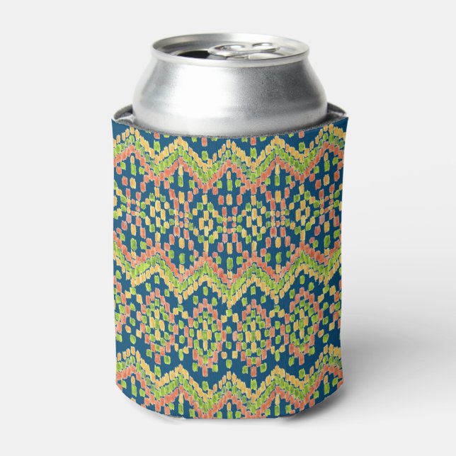 Trendy Ikat Colourful Ethnic Pattern on Blue Can Cooler (Can Front)