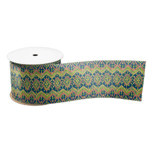 Trendy Ikat Colourful Ethnic Pattern on Blue Satin Ribbon