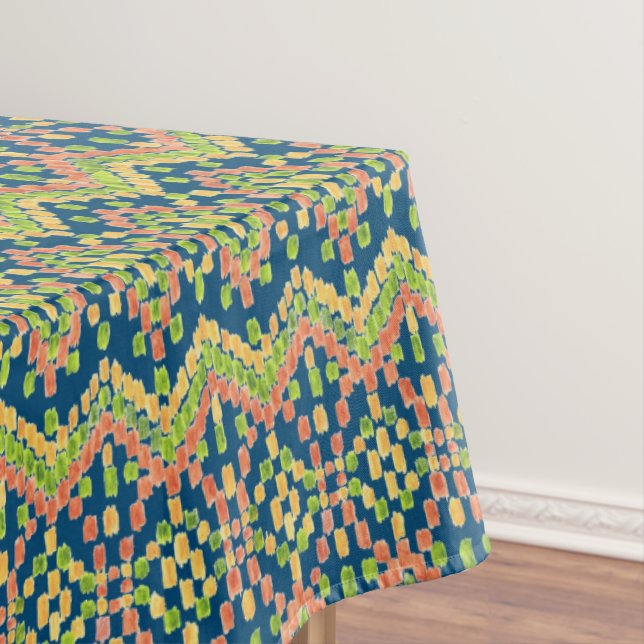 Trendy Ikat Colourful Ethnic Pattern on Blue Tablecloth (In Situ)