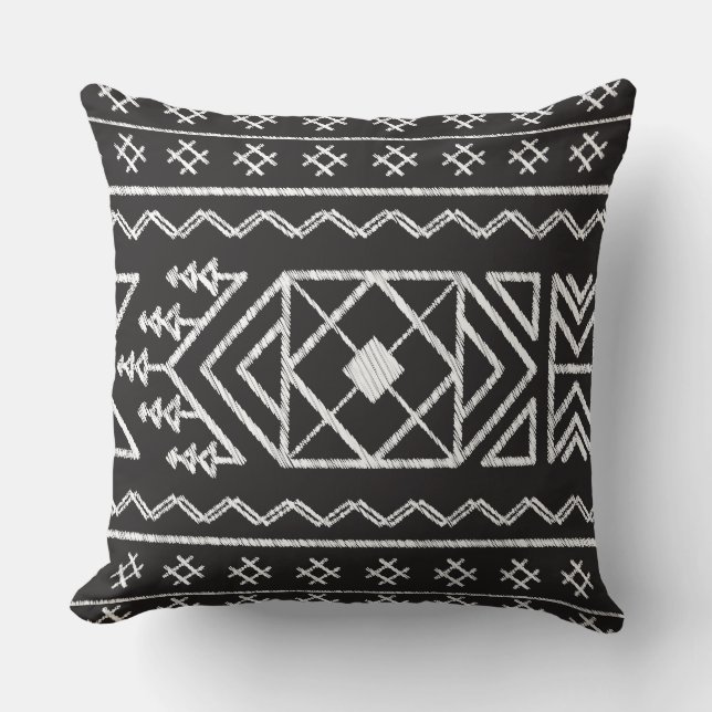 Trendy Ikat pattern Black Geometric Tribal  Cushion (Front)