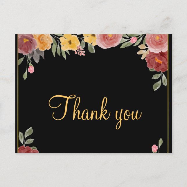 Trendy Inexpensive Gold Floral Black Thank You  Postcard (Front)