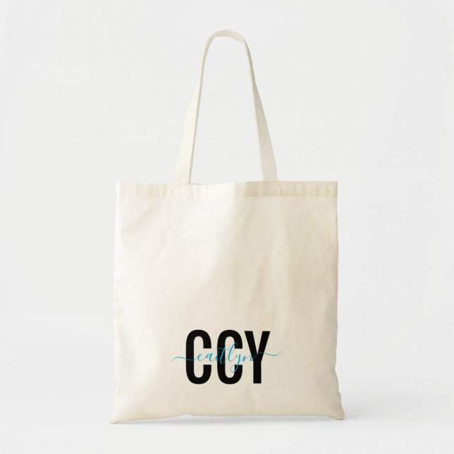 Trendy Initial Monogram with Script Name, Blue Tote Bag (Front)