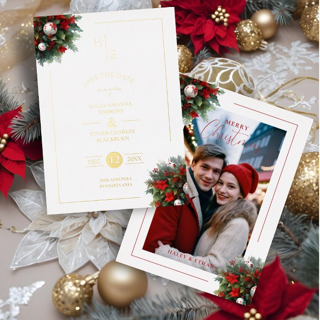 Trendy Initials Floral Christmas Bouquets Photo (Trendy Initials Floral Christmas Bouquets Metallic Foil Holidays Card as a Wedding Photo Save Date.)