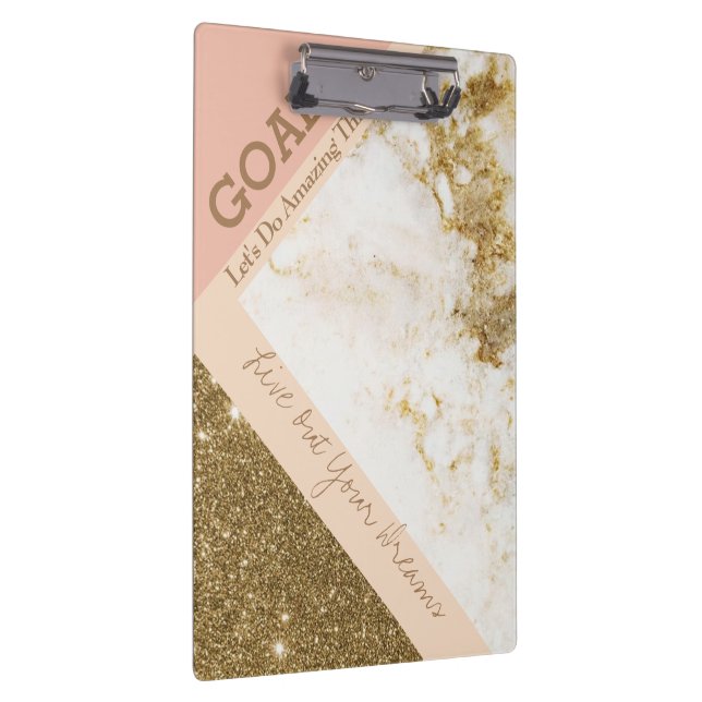 Trendy Inspiring Goals Spark Gold Pink Faux Marble Clipboard (Right)