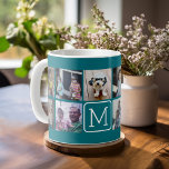 Trendy Instagram Photo Collage Custom Monogram Coffee Mug<br><div class="desc">Teal Blue and White - Use 11 square photos to create a unique and personal gift. Or you can keep the hipster puppy and make a trendy keepsake. If you need to adjust the pictures,  click on the customise tool to make changes.</div>