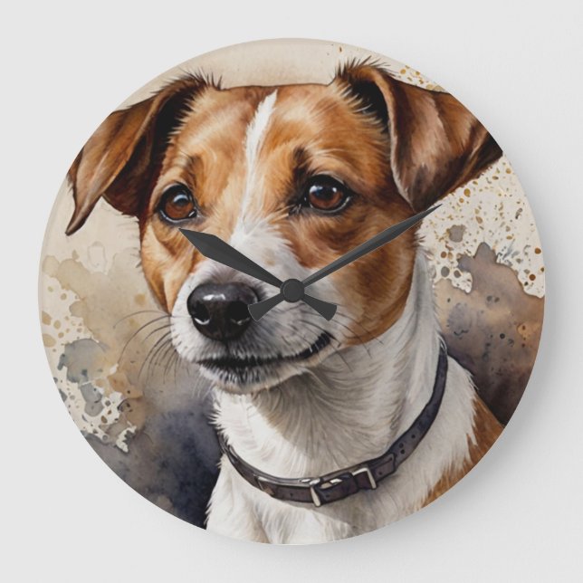 Trendy Jack Russell Terrier watercolor Large Clock (Front)