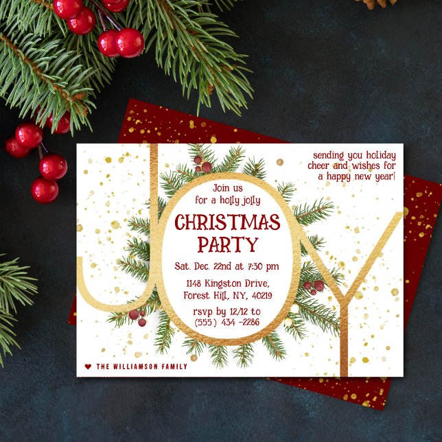 Trendy Joy Pine Boughs Wreath Christmas Party Invitation (Creator Uploaded)