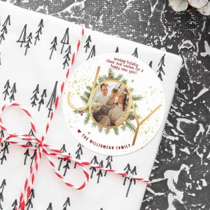 Trendy Joy Pine Boughs Wreath Christmas Photo Classic Round Sticker