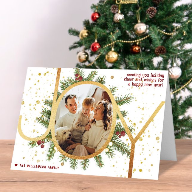 Trendy Joy Pine Boughs Wreath Christmas Photo Holiday Card (Creator Uploaded)