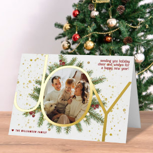Trendy Joy Pine Boughs Wreath Christmas Photo Real Foil Greeting Card
