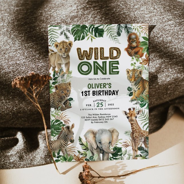 Trendy Jungle Animals Wild One Boy 1st Birthday Invitation (Creator Uploaded)