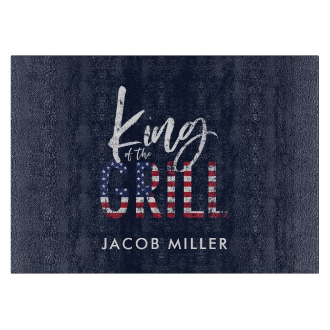 trendy king of the grill red white and blue cutting board (Front)