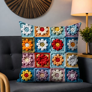 Trendy Knit Granny Square Colourful Floral Pattern Cushion