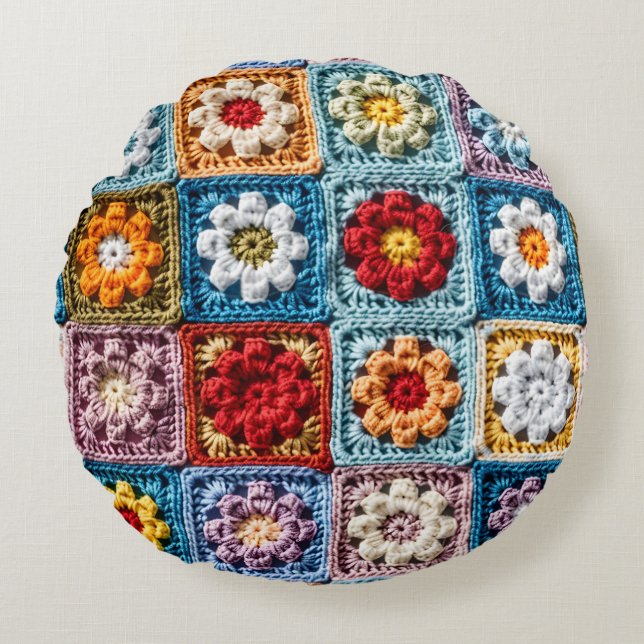 Trendy Knit Granny Square Colourful Floral Pattern Round Cushion (Front)