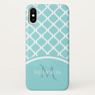 Trendy Large Aqua Quatrefoil Monongram and Name iPhone X Case