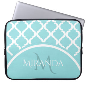 Trendy Large Aqua Quatrefoil Monongram and Name Laptop Sleeve
