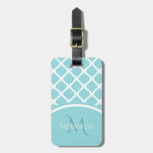Trendy Large Aqua Quatrefoil Monongram and Name Luggage Tag