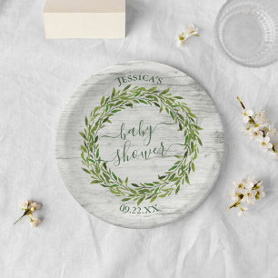 Trendy Laurel Wreath Greenery Baby Shower Paper Plate