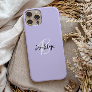 Trendy Lavender Black White Script Monogram  iPhone 15 Case