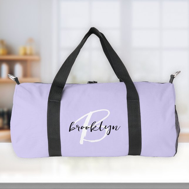 Trendy Lavender Black White Script Monogram  Duffle Bag (Creator Uploaded)