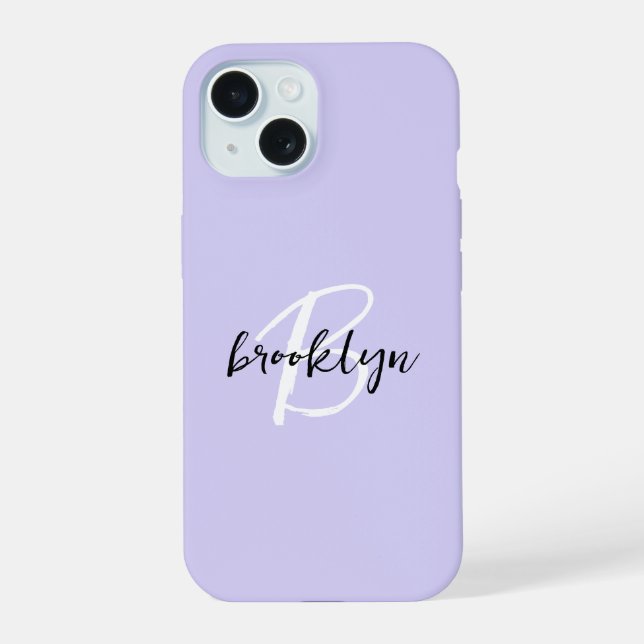Trendy Lavender Black White Script Monogram  iPhone 15 Case (Back)