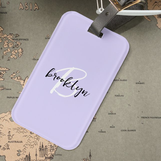 Trendy Lavender Black White Script Monogram  Luggage Tag (Creator Uploaded)