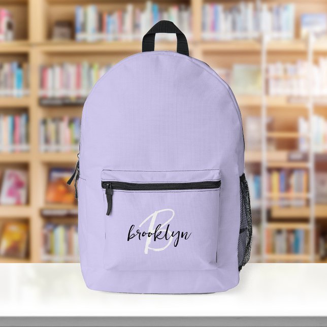 Trendy Lavender Black White Script Monogram  Printed Backpack (Creator Uploaded)