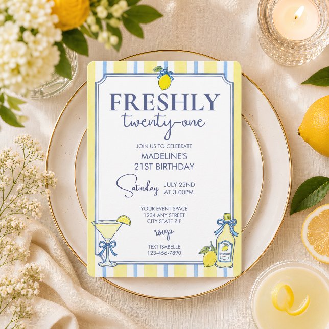 Trendy Lemon Aesthetic Freshly 21 Birthday Invitation (Creator Uploaded)