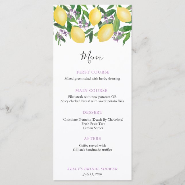 Trendy Lemons Lavender Wedding Shower Luncheon Menu (Front)