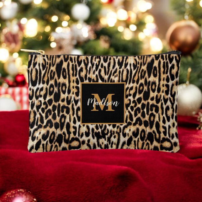 Trendy Leopard Animal Print with Monogram Accessory Pouch (Personalize with any name and monogram initial.)