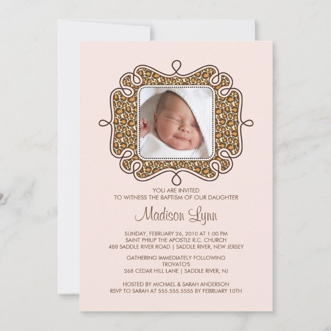 Trendy Leopard Frame Photo Baptism Invitation (Front)