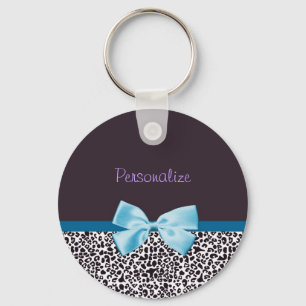 Trendy Leopard Print and Blue Ribbon With Name Key Ring