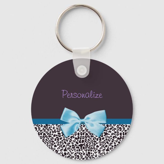 Trendy Leopard Print and Blue Ribbon With Name Key Ring (Front)