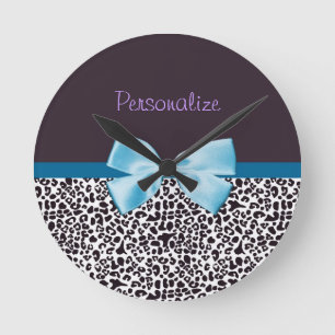 Trendy Leopard Print and Blue Ribbon With Name Round Clock