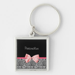 Trendy Leopard Print and Pink Ribbon With Name Key Ring