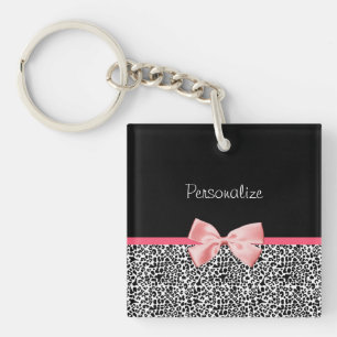 Trendy Leopard Print and Pink Ribbon With Name Key Ring