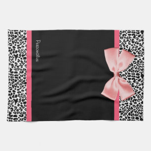 Trendy Leopard Print and Pink Ribbon With Name Tea Towel