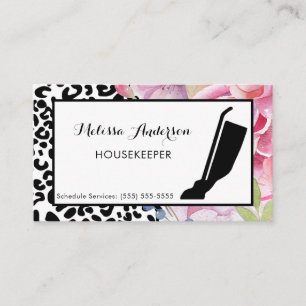 Trendy Leopard Print Floral Housekeeper and Vacuum Business Card