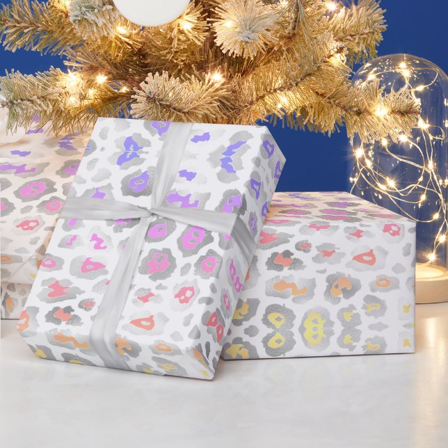 Trendy leopard print silver foil rainbow pattern wrapping paper (Holidays)