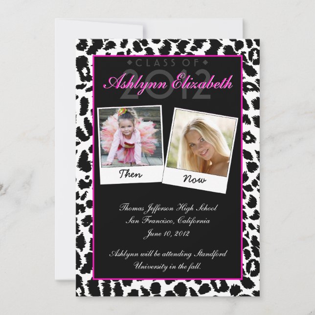 Trendy Leopard Then and Now Graduation Invitation (Front)