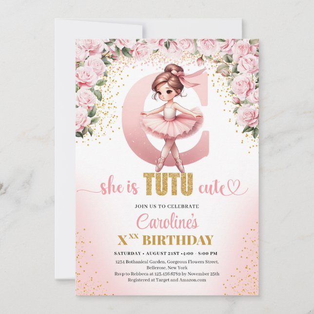 Trendy letter C monogram ballerina girl birthday Invitation (Front)