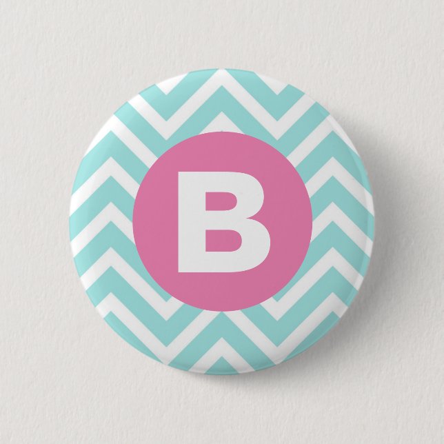 Trendy Light Blue Chevron Pink Monogram 6 Cm Round Badge (Front)