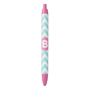 Trendy Light Blue Chevron Pink Monogram Black Ink Pen