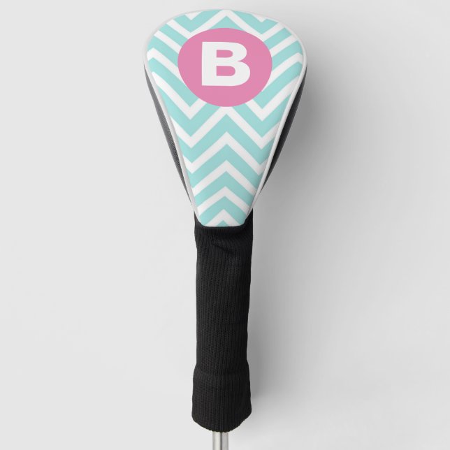 Trendy Light Blue Chevron Pink Monogram Golf Head Cover (Front)
