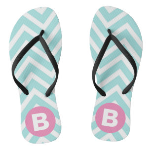 Trendy Light Blue Chevron Pink Monogram Jandals
