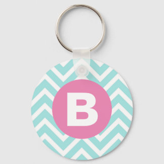 Trendy Light Blue Chevron Pink Monogram Key Ring