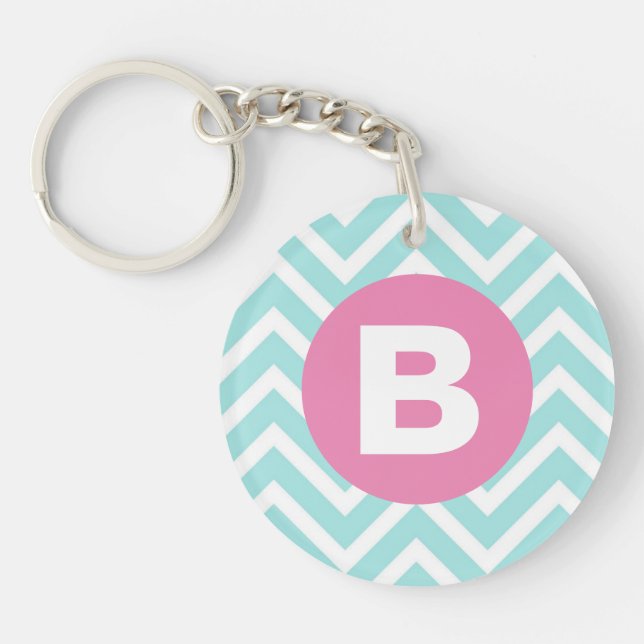 Trendy Light Blue Chevron Pink Monogram Key Ring (Front)