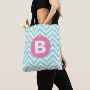 Trendy Light Blue Chevron Pink Monogram Tote Bag
